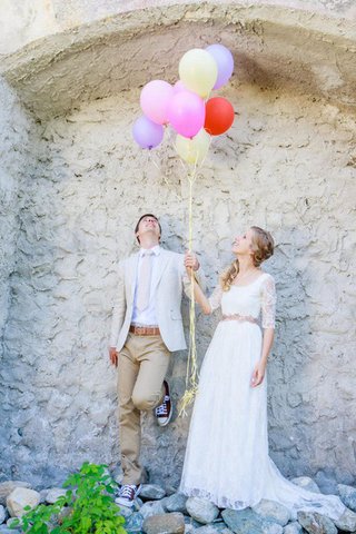 Robe de mariée facile de traîne courte ceinture en étoffe boutonné a-ligne - Photo 2