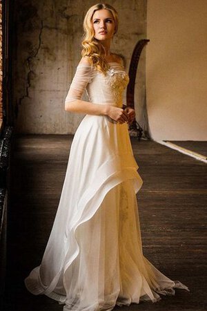 Robe de mariée chic a-ligne boutonné avec fleurs textile en tulle - Photo 5