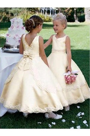 Robe de cortège enfant en satin de mode de bal avec nœud à boucle manche nulle avec fleurs - Photo 1