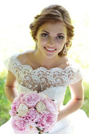 Abito da Sposa Naturale con Perline Allacciato Cappellino con Manica Corte Barchetta - Foto 5