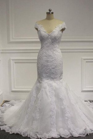 Abito da Sposa in Pizzo Naturale con Manica Corte V-Scollo A Terra Cappellino - Foto 1