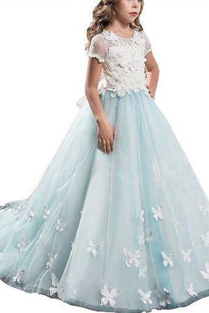 Prinzessin Schaufel-Ausschnitt A-Linie Blumenmädchenkleid mit Kurzen Ärmeln mit Bordüre - Bild 1