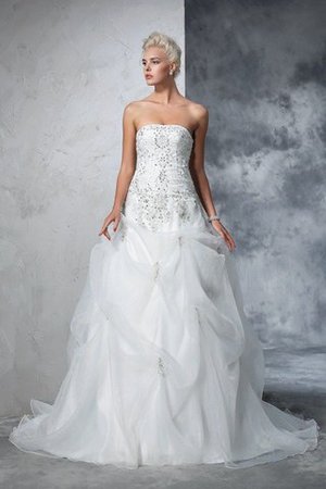 Abito da Sposa Classico in Tulle Allacciato con Perline Senza Spalline - Foto 1