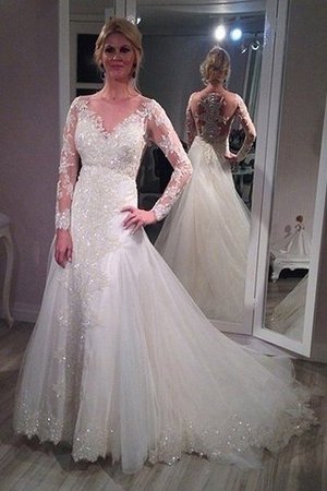 Abito da Sposa con Maniche Lunghe Semplice V-Scollo Naturale in Tulle - Foto 1