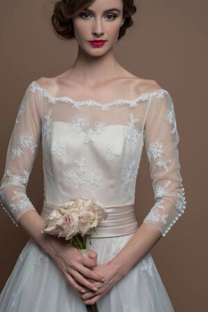 Abito da Sposa con Applique largo in Tulle con Tre Quarti Lunghezza Maniche A Terra Naturale - Foto 3