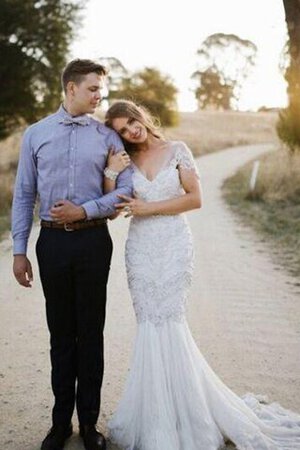 Robe de mariée plissé longueur au ras du sol de sirène avec perle decoration en fleur - Photo 1