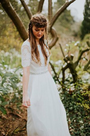 Abito da Sposa Semplice in Pizzo Vintage con Manica Corte Coda A Strascico Cappella Barchetta - Foto 4