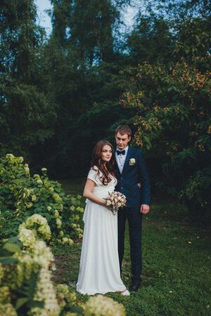 Robe de mariée simple longueru au niveau de sol de traîne courte ruché avec manche courte - Photo 3